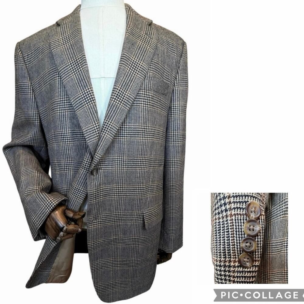 VTG Ralph Lauren SZ 46L Blazer Brown Glen Plaid Union Made Tweed Sport Coat EUC